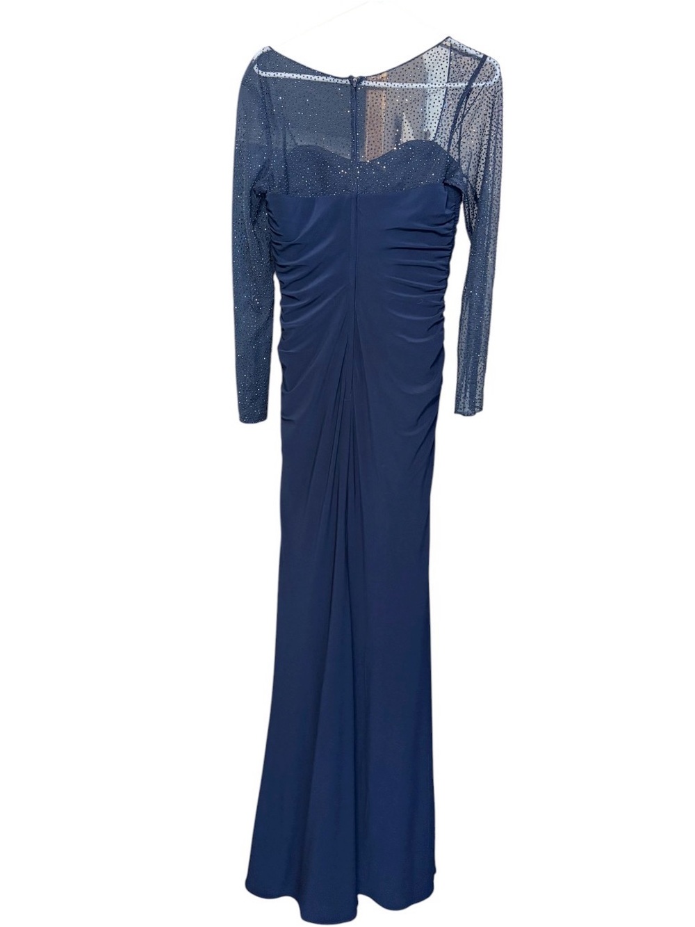 La Femme Navy Rhinestone Mesh Sleeve Sweetheart Formal Gown Size 4 - Picture 2 of 7